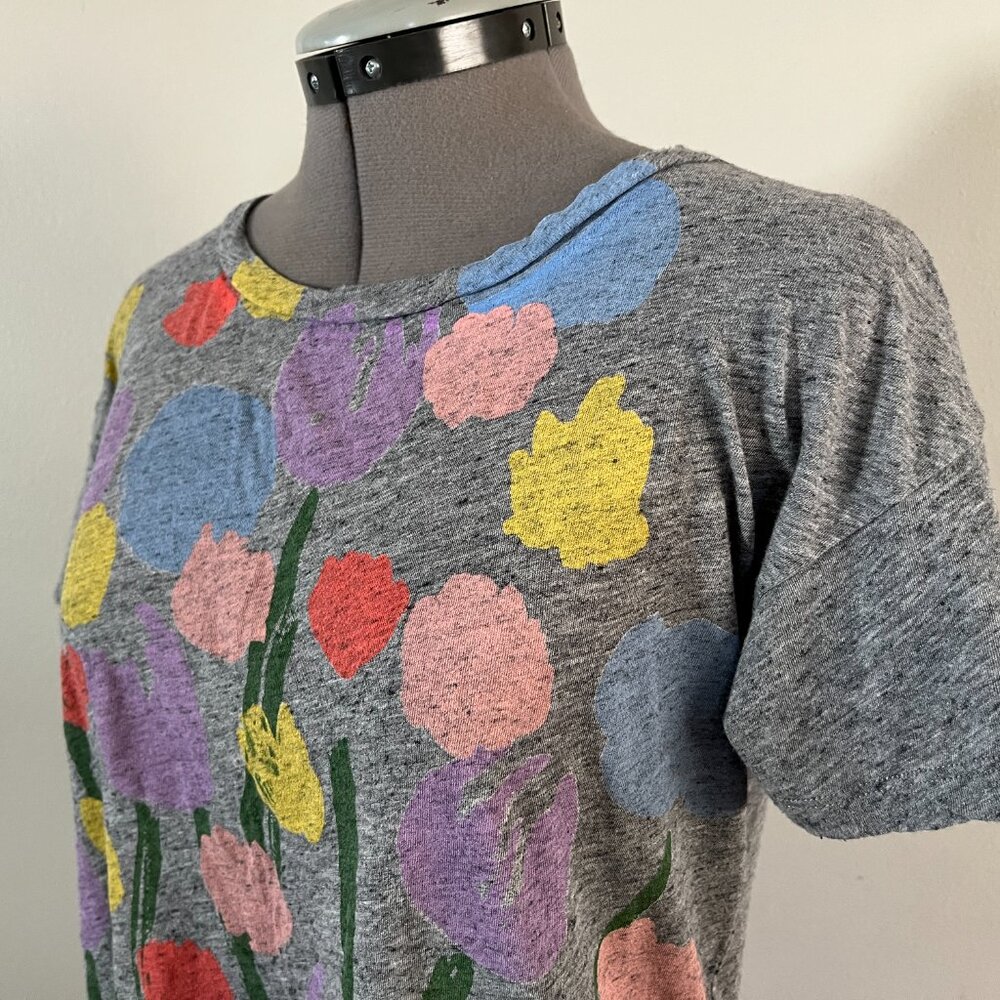 J.Crew Michael De Feo Sz S Painted Tulips Gray Cotton Slub Tee - Picture 2 of 7